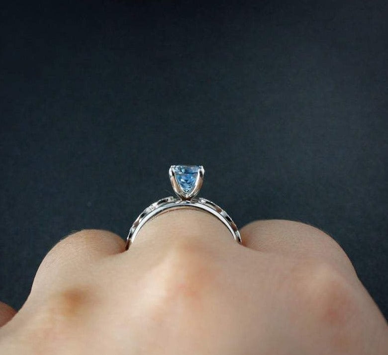 1 CT Oval Blue Aquamarine Diamond White Gold Over On  925 Sterling Silver Bridal Ring Set