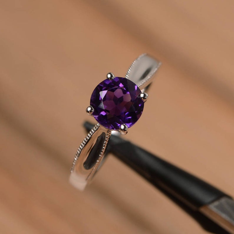 1.00 CT Round Cut Purple Amethyst 925 Sterling Silver Solitaire Promise Gift Ring