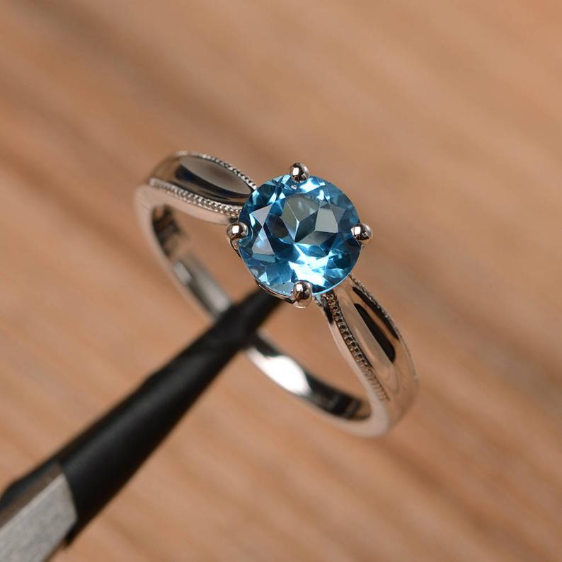 1 Ct Round Cut Blue Topaz 925 Sterling Silver Solitaire Anniversary Gift Ring For Her