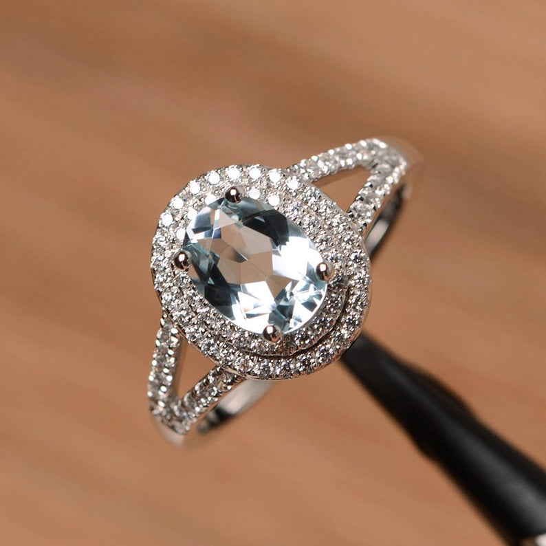 2 CT Oval Cut Aquamarine Diamond 925 Sterling Silver Double Halo March Birthstone Promise Ring