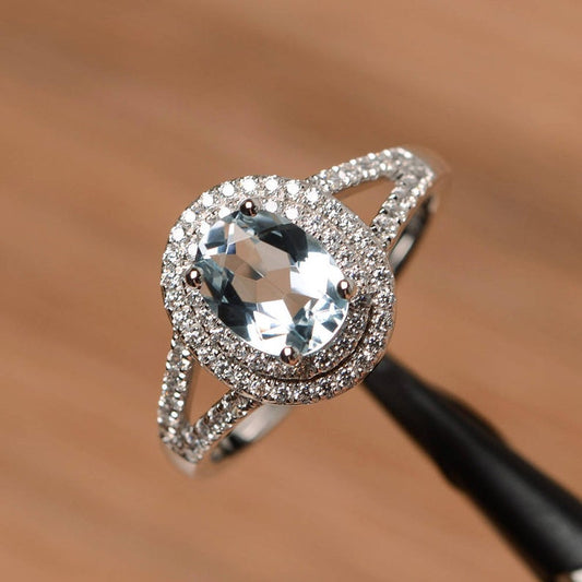 2 CT Oval Cut Aquamarine Diamond 925 Sterling Silver Double Halo March Birthstone Promise Ring