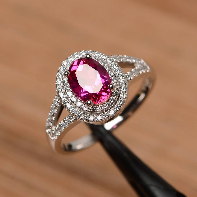 1 CT Oval Cut Red Ruby Diamond White Gold Over On 925 Sterling Silver Double Halo Wedding Ring