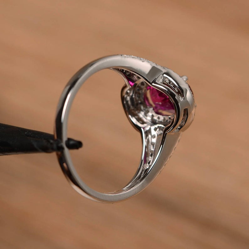1 CT Oval Cut Red Ruby Diamond White Gold Over On 925 Sterling Silver Double Halo Wedding Ring