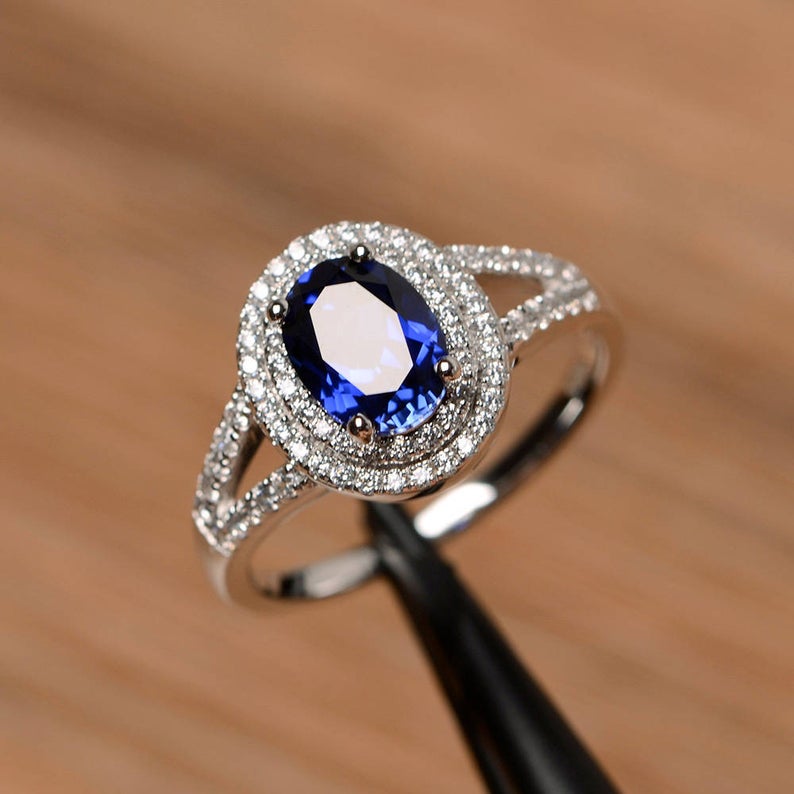2.35 Ct Oval Cut Blue Sapphire 925 Sterling Silver Double Halo Wedding Ring - atjewels.in