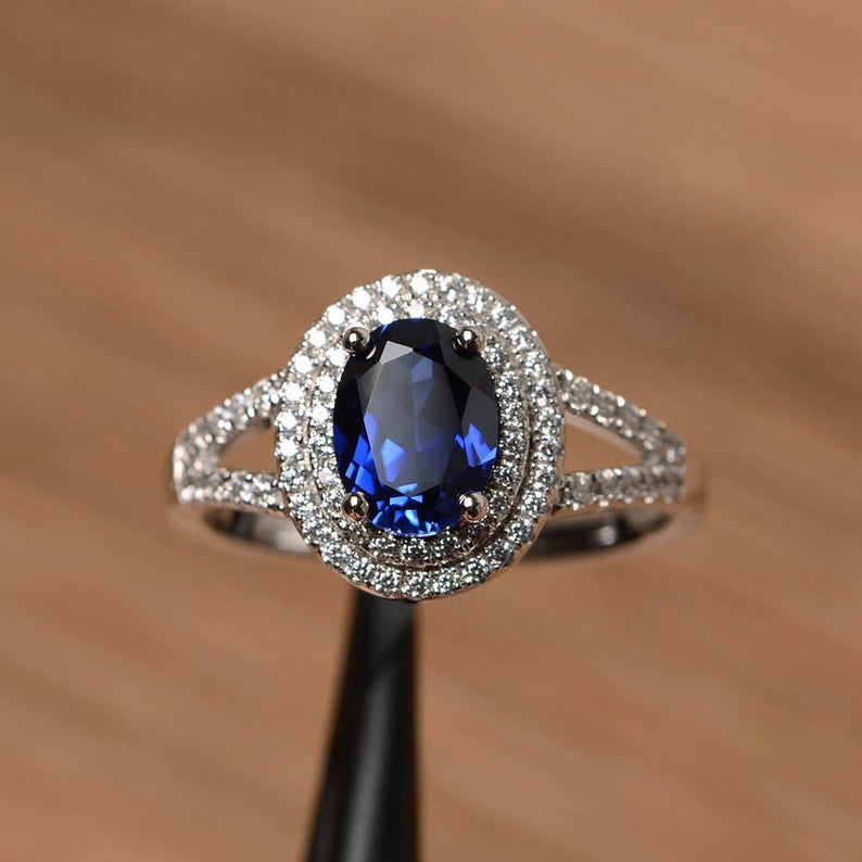 2.35 Ct Oval Cut Blue Sapphire 925 Sterling Silver Double Halo Wedding Ring - atjewels.in