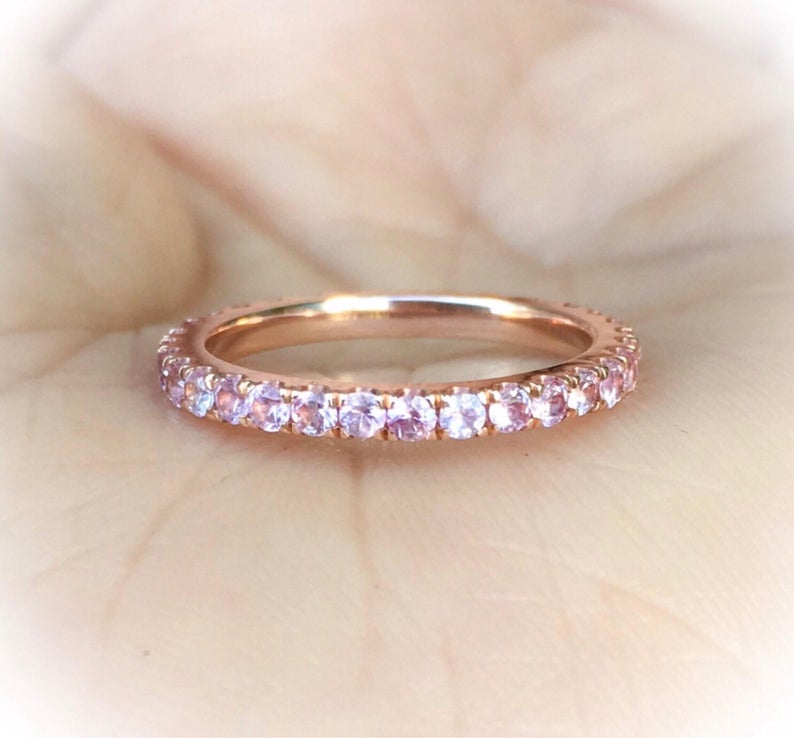 1.20 CT Round Cut Pink Sapphire Diamond Rose Gold Over On 925 Sterling Silver Full Eternity Wedding Band Ring