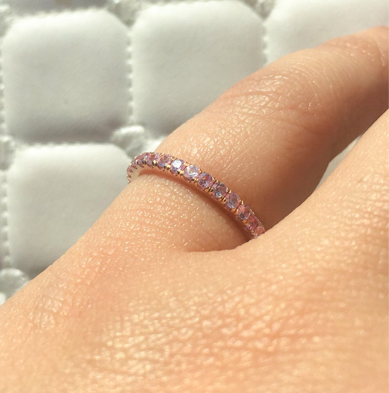 1.20 CT Round Cut Pink Sapphire Diamond Rose Gold Over On 925 Sterling Silver Full Eternity Wedding Band Ring