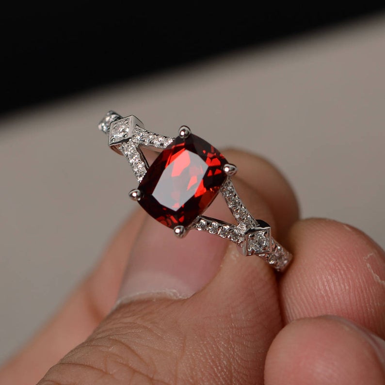 2.10 Ct Cushion Cut Red Garnet 925 Sterling Silver Solitaire W/Accents Engagement Ring