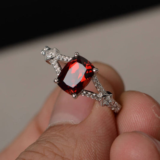 2.10 Ct Cushion Cut Red Garnet 925 Sterling Silver Solitaire W/Accents Engagement Ring