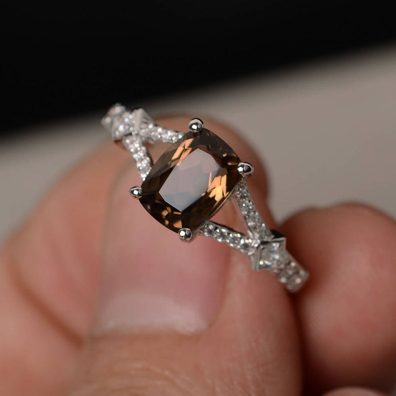 2.10 Ct Cushion Cut Smoky Quartz Solitaire W/Accents Anniversary Gift Ring In 925 Sterling Silver