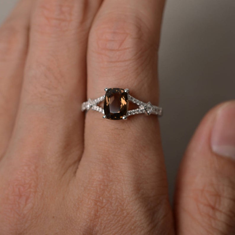 2.10 Ct Cushion Cut Smoky Quartz Solitaire W/Accents Anniversary Gift Ring In 925 Sterling Silver