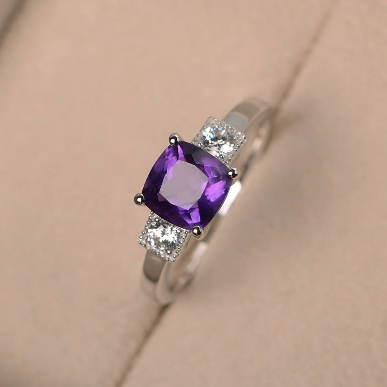 2.50 Ct Cushion Cut Purple Amethyst 925 Sterling Silver Three-Stone Promise Ring - atjewels.in