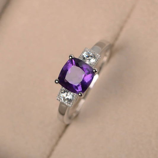 2.50 Ct Cushion Cut Purple Amethyst 925 Sterling Silver Three-Stone Promise Ring - atjewels.in