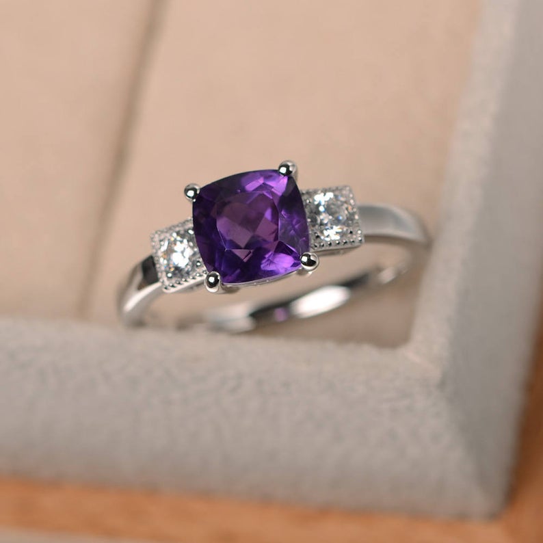 2.50 Ct Cushion Cut Purple Amethyst 925 Sterling Silver Three-Stone Promise Ring - atjewels.in