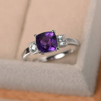 2.50 Ct Cushion Cut Purple Amethyst 925 Sterling Silver Three-Stone Promise Ring