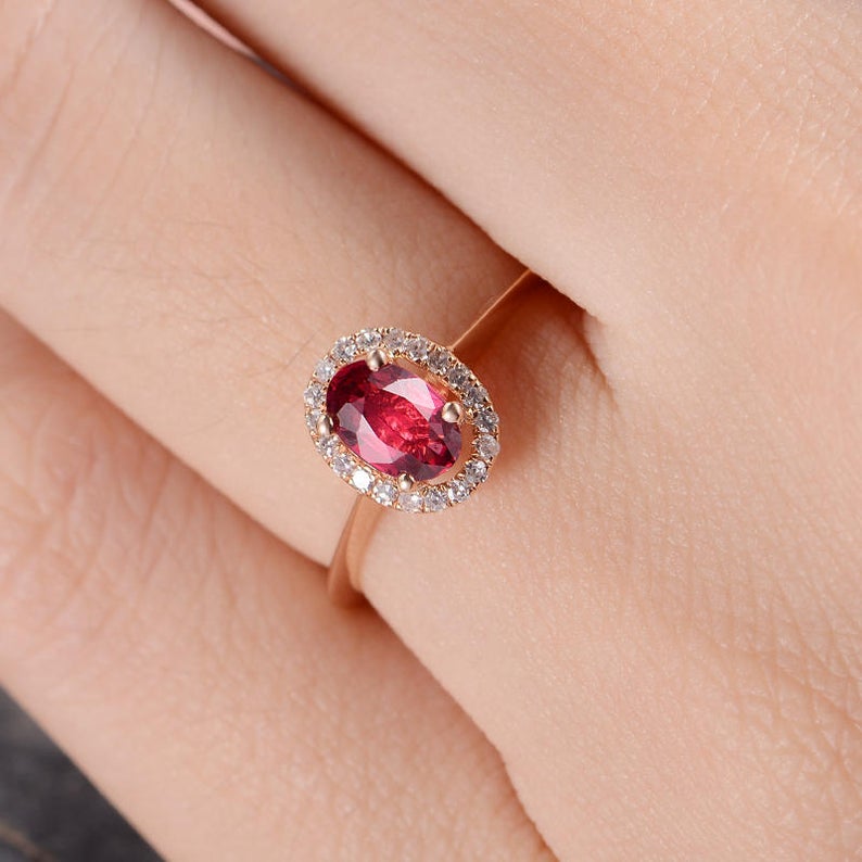 2 CT Oval Cut Ruby Diamond Rose Gold Over On 925 Sterling Silver Halo Engagement Ring