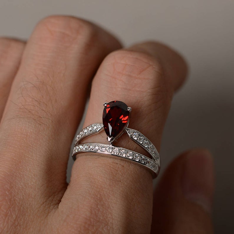 1.75 Ct Pear Cut Red Garnet 925 Sterling Silver Unique Crown Style Engagement Ring