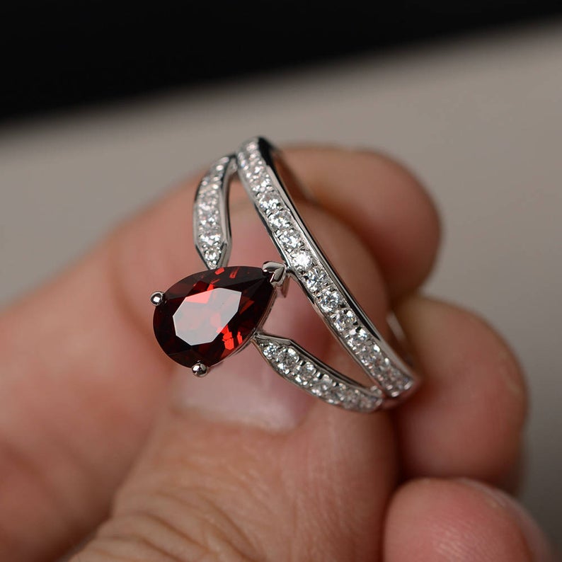 1.75 Ct Pear Cut Red Garnet 925 Sterling Silver Unique Crown Style Engagement Ring