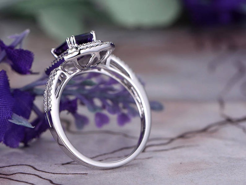 1 CT Emerald Cut Amethyst Diamond White Gold Over On 925 Sterling Silver Double Halo Anniversary Ring