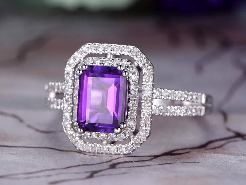 1 CT Emerald Cut Amethyst Diamond White Gold Over On 925 Sterling Silver Double Halo Anniversary Ring