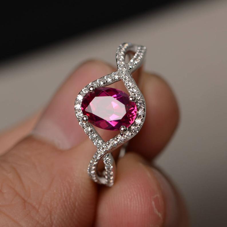 2.25 Ct Oval Cut Red Ruby 925 Sterling Silver Engagement Infinity Band Ring