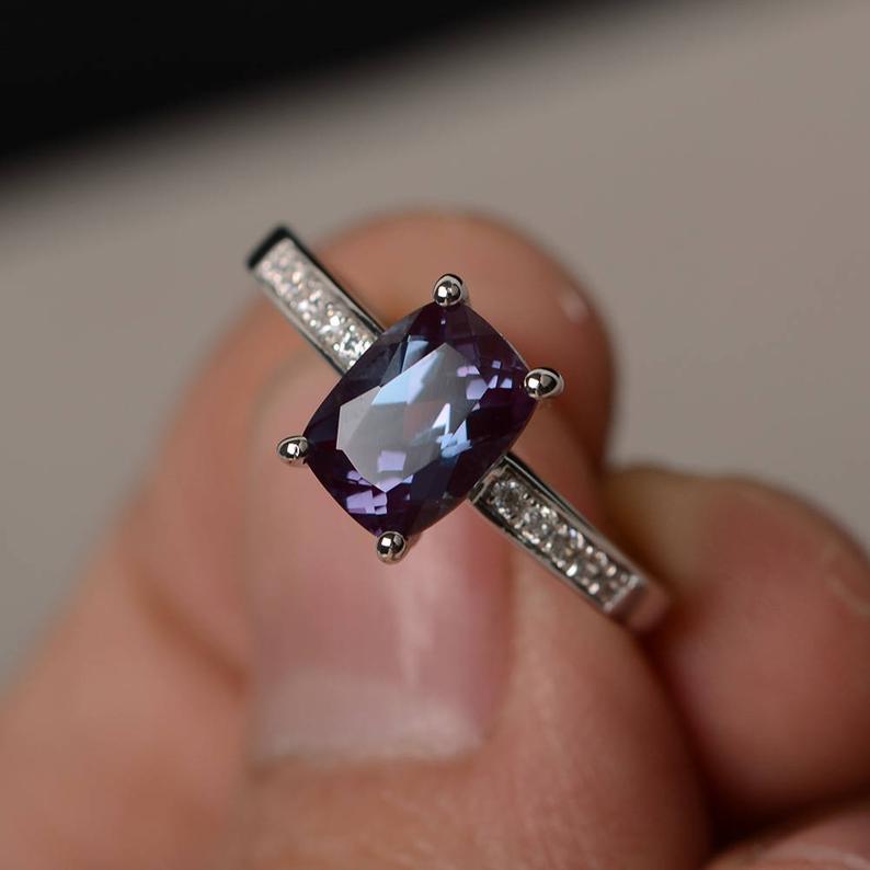 1.50 Ct Cushion Cut Alexandrite 925 Sterling Silver Solitaire W/Accents Engagement Ring