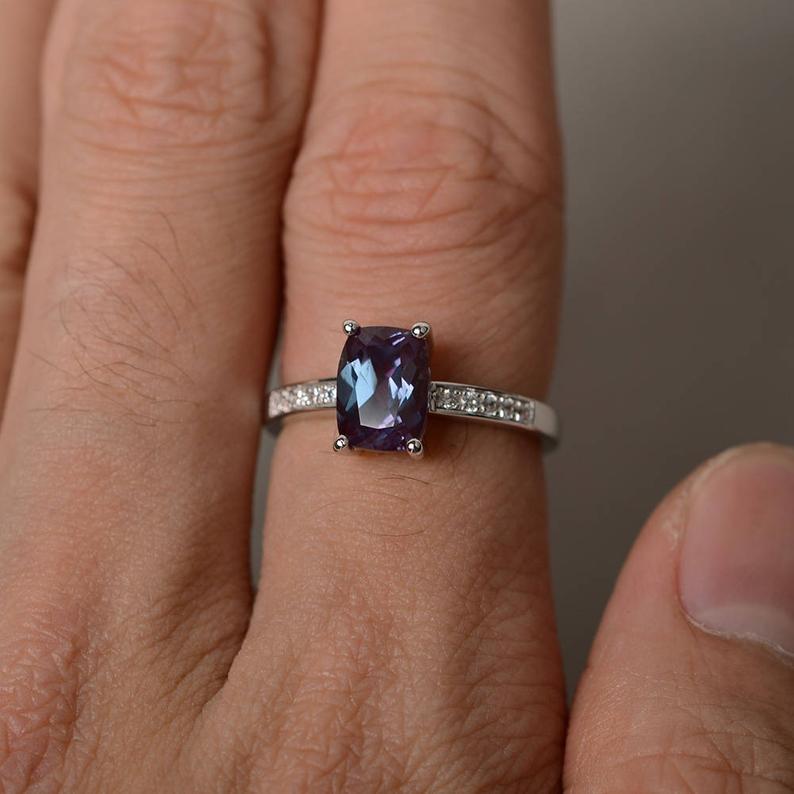 1.50 Ct Cushion Cut Alexandrite 925 Sterling Silver Solitaire W/Accents Engagement Ring