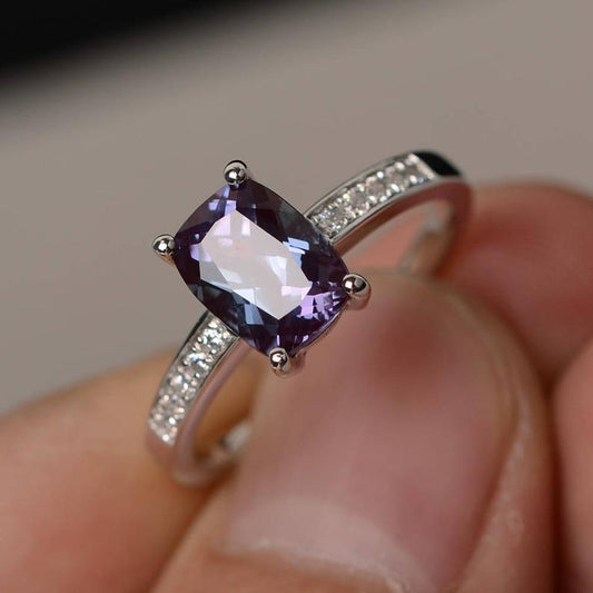 1.50 Ct Cushion Cut Alexandrite 925 Sterling Silver Solitaire W/Accents Engagement Ring