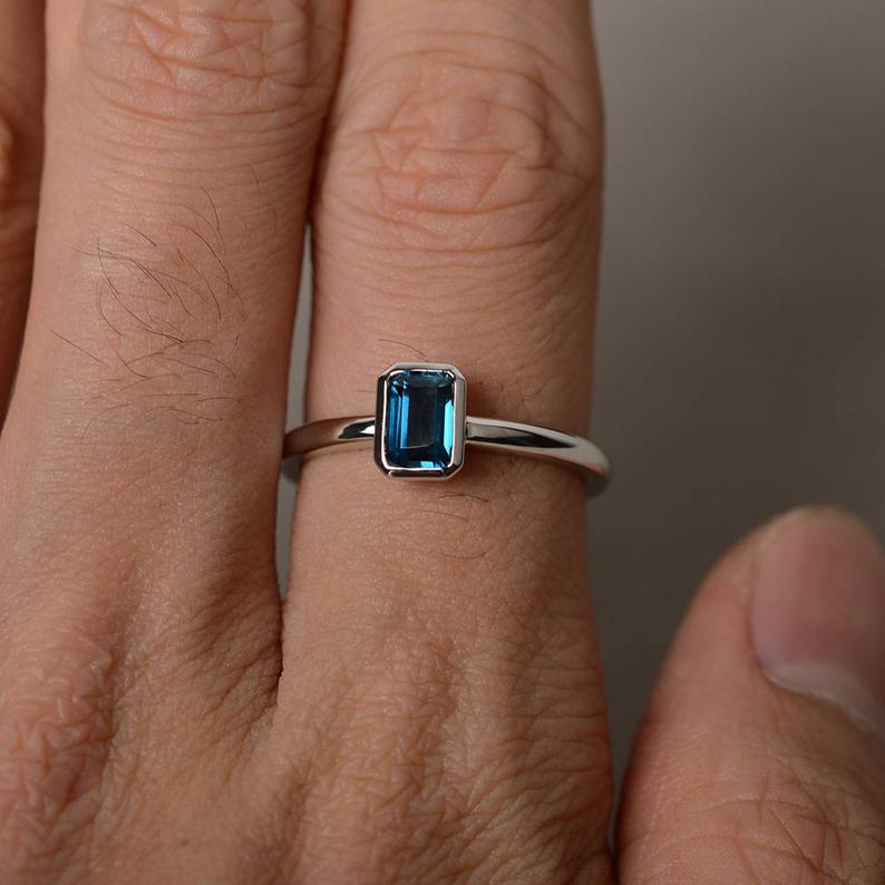 1 Ct Emerald Cut London Blue Topaz Solitaire Promise Gift Ring In 925 Sterling Silver