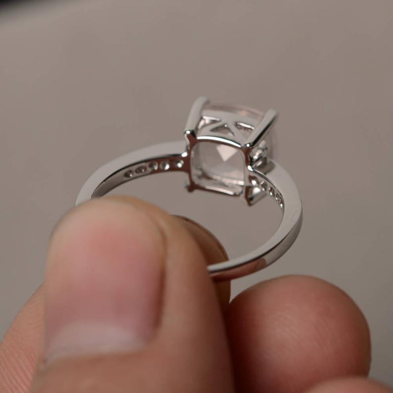 1.25 Ct Cushion Cut Pink Quartz 925 Sterling Silver Solitaire W/Accents Engagement Ring