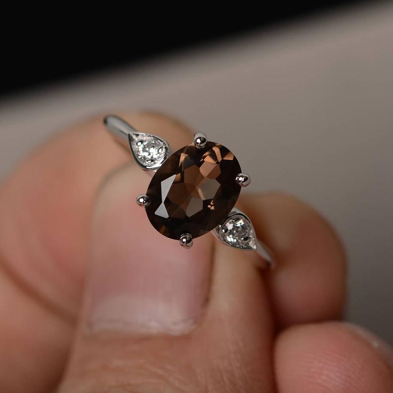 1.20 Ct Oval Cut Smoky Quartz Three-Stone Promise Gift Ring In 925 Sterling Silver