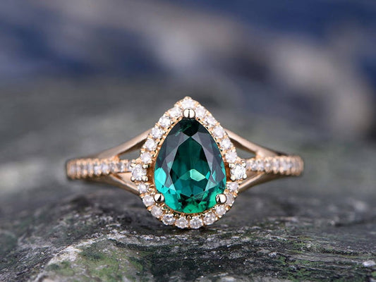 1.50 Ct Pear Cut Green Emerald Split Shank Halo Engagement Ring In Rose Gold Over On 925 Sterling Silver