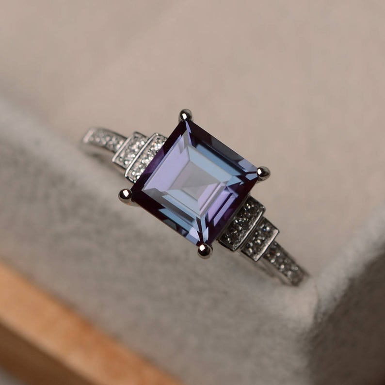 3.20 Ct Princess Cut Alexandrite White Gold Over On 925 Sterling Silver Engagement Ring