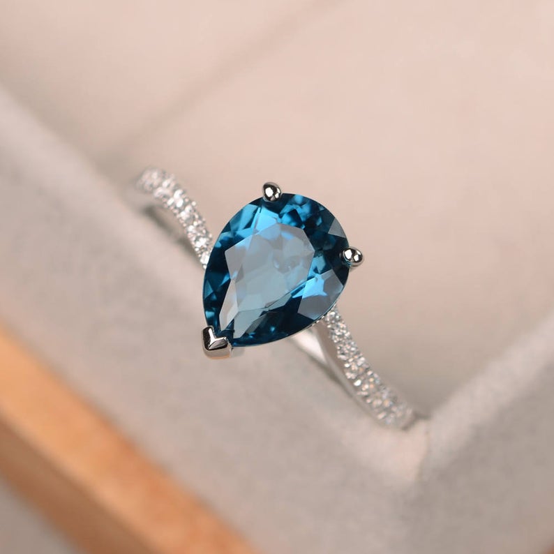 1.50 CT Pear Cut London Blue Topaz 925 Sterling Silver Solitaire W/Accents Promise Ring