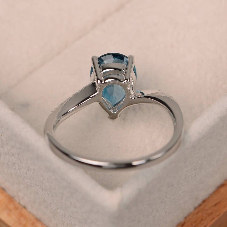 1.50 CT Pear Cut London Blue Topaz 925 Sterling Silver Solitaire W/Accents Promise Ring