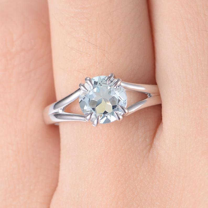 1 CT 925 Sterling Silver Blue Aquamarine Round Cut Solitaire Promise Women Ring