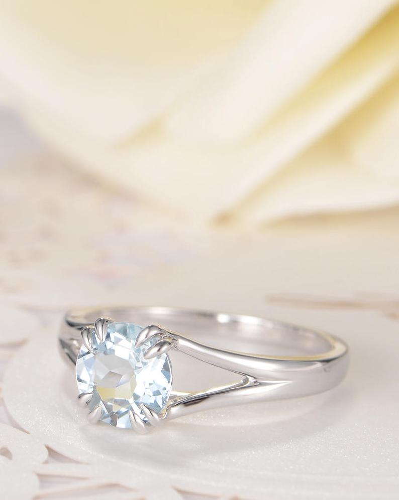 1 CT 925 Sterling Silver Blue Aquamarine Round Cut Solitaire Promise Women Ring