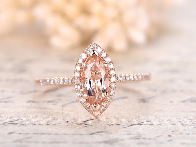 1.50 Ct Marquise Cut Peach Morganite Rose Gold Over On 925 Sterling Silver Halo Anniversary Gift Ring