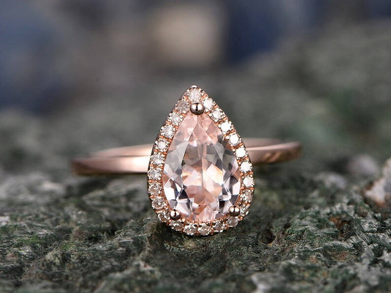 1 CT Pear Cut Pink Morganite Rose Gold Over On 925 Sterling Silver Halo Wedding Ring