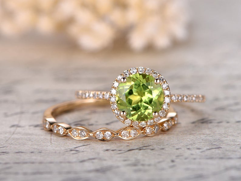 1 Ct Round Cut Peridot Diamond Yellow Gold Over On 925 Sterling Silver Bridal Wedding Ring Set