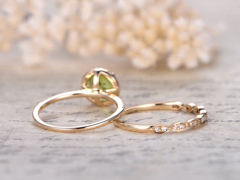 1 Ct Round Cut Peridot Diamond Yellow Gold Over On 925 Sterling Silver Bridal Wedding Ring Set