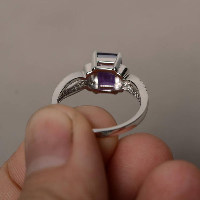 2.50 Ct Emerald Cut Purple Amethyst 925 Sterling Silver Solitaire W/Accents Anniversary Gift Ring