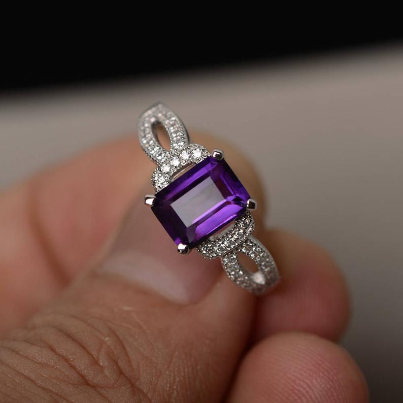 Ct Emerald Cut Purple Amethyst 925 Sterling Silver Solitaire W/Accents  Anniversary Gift Ring