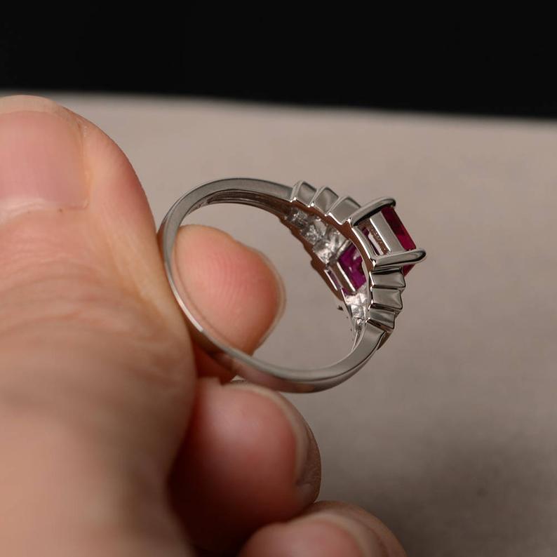 2.10 Ct Emerald Cut Red Ruby Solitaire W/Accents Engagement Ring In 925 Sterling Silver - atjewels.in
