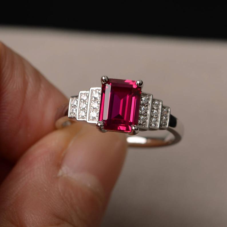 2.10 Ct Emerald Cut Red Ruby Solitaire W/Accents Engagement Ring In 925 Sterling Silver - atjewels.in