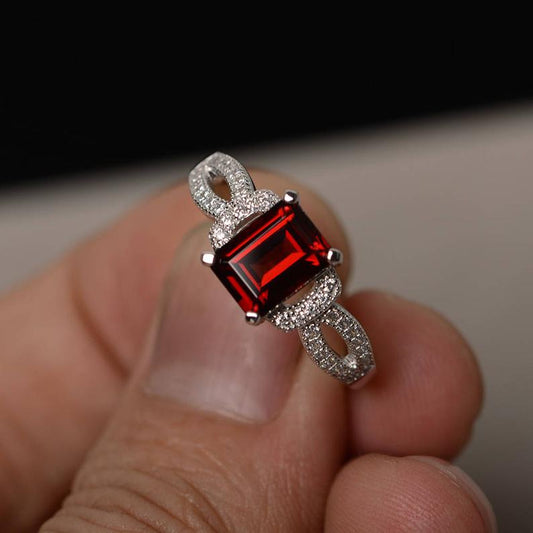 2.25 Ct Emerald Cut Red Garnet 925 Sterling Silver Solitaire W/Accents Engagement Ring