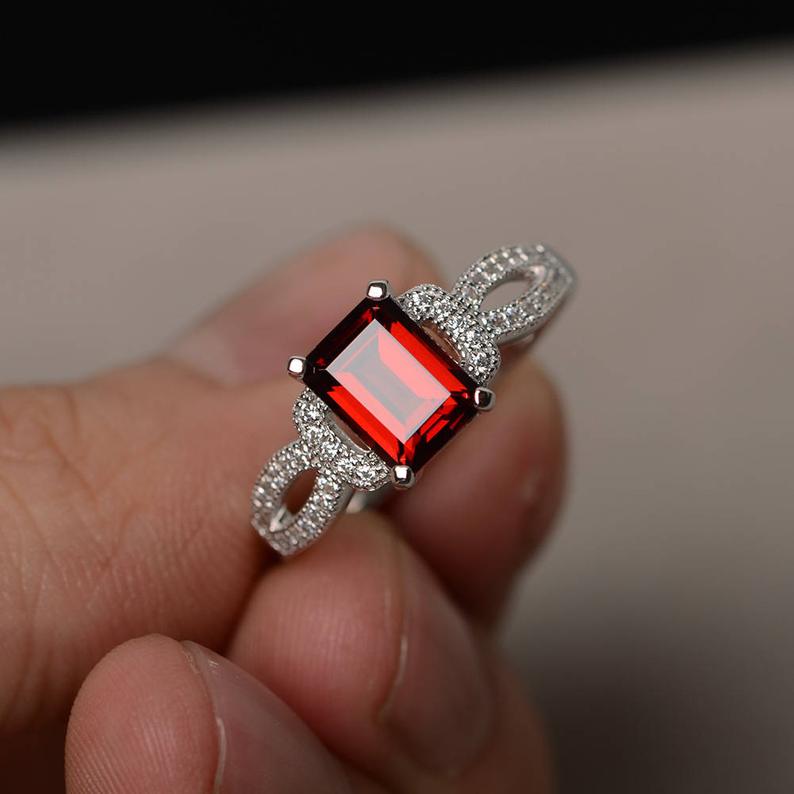2.25 Ct Emerald Cut Red Garnet 925 Sterling Silver Solitaire W/Accents Engagement Ring