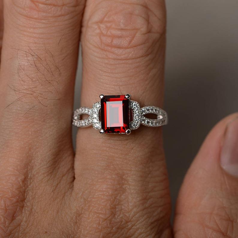 2.25 Ct Emerald Cut Red Garnet 925 Sterling Silver Solitaire W/Accents Engagement Ring