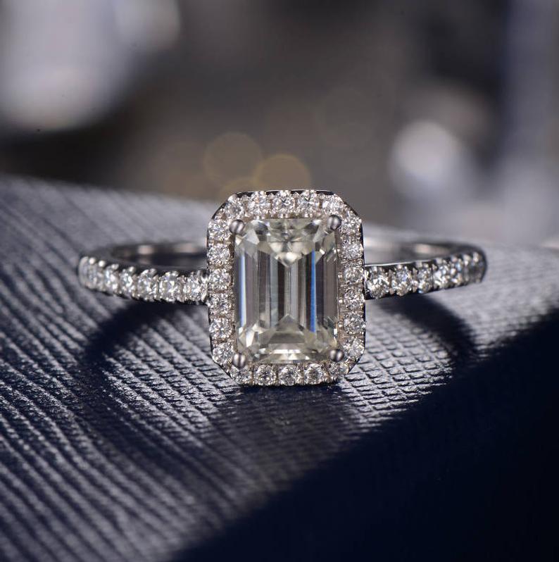 1 CT Emerald Cut Diamond White Gold Over On 925 Sterling Silver Halo Anniversary Ring