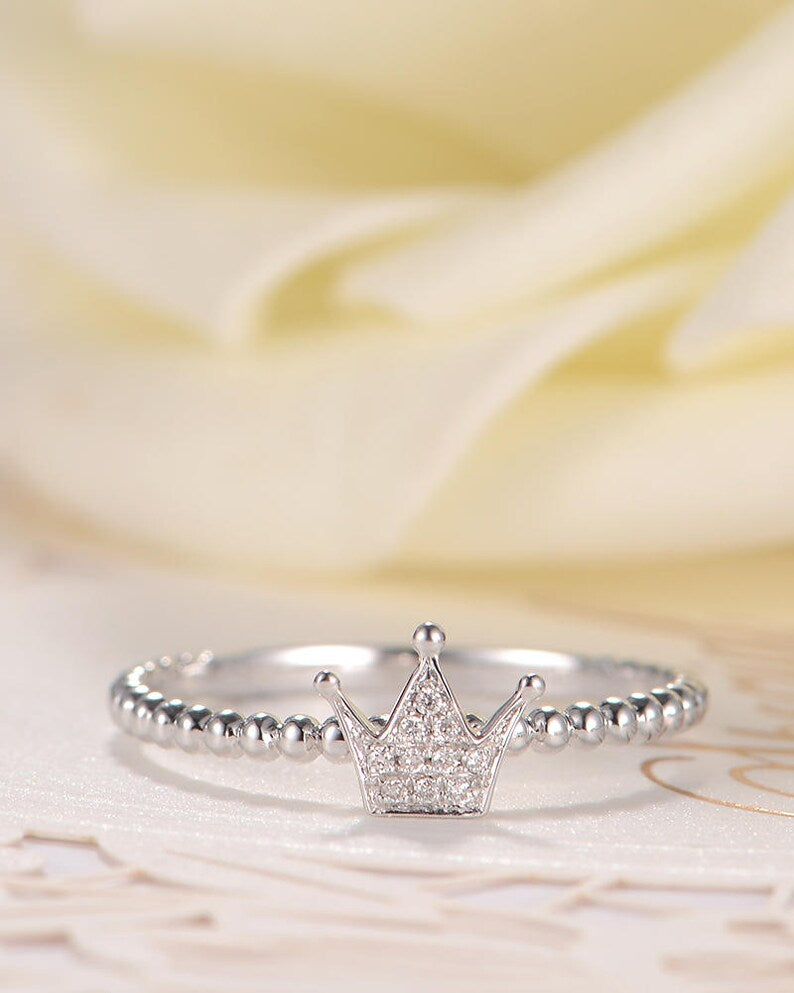 0.25 CT Round Cut Diamond White Gold Over  On 925 Sterling Silver Crown Ring